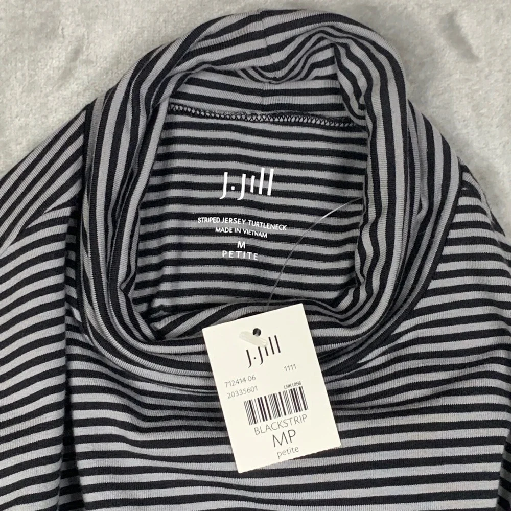 J. Jill Striped Jersey Turtleneck Top Black Grey Petite‎ Medium Long Sleeve NEW